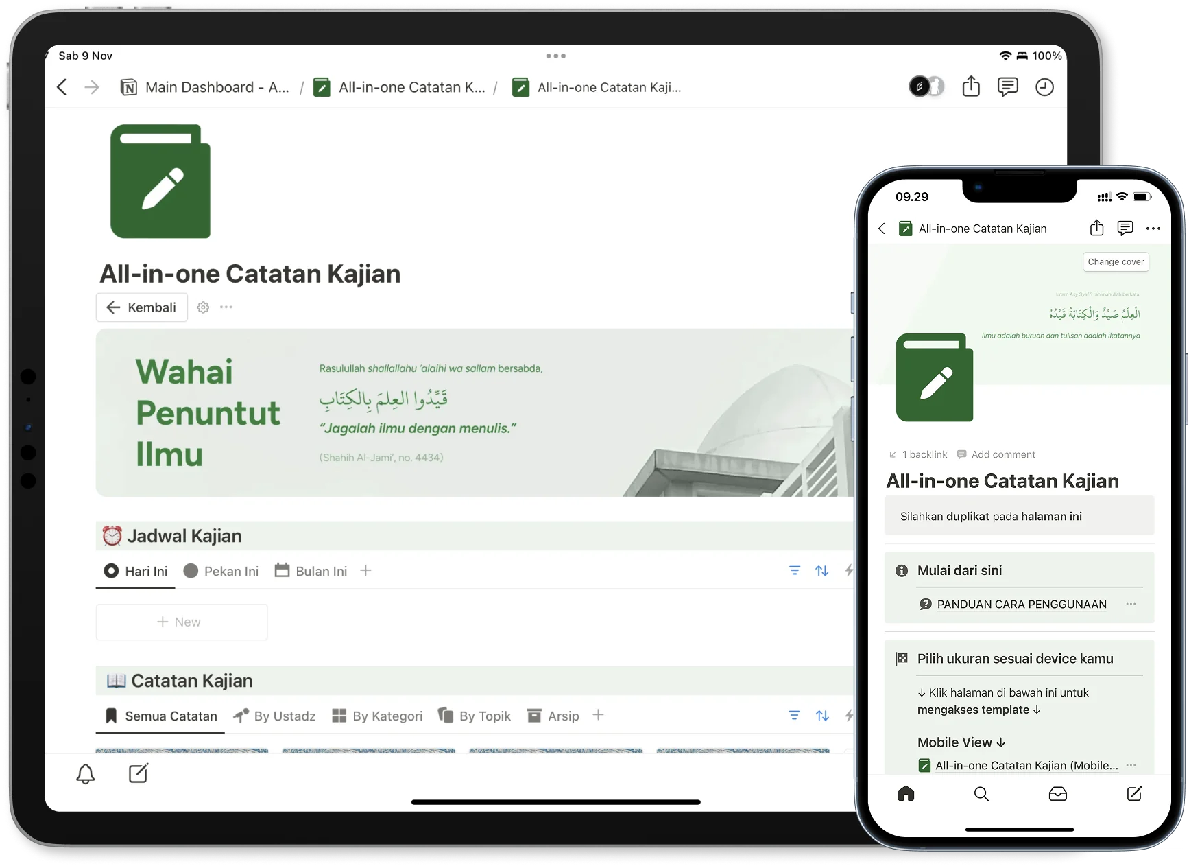 Template All-in-one Catatan Kajian ditampilkan di iPad dan iPhone