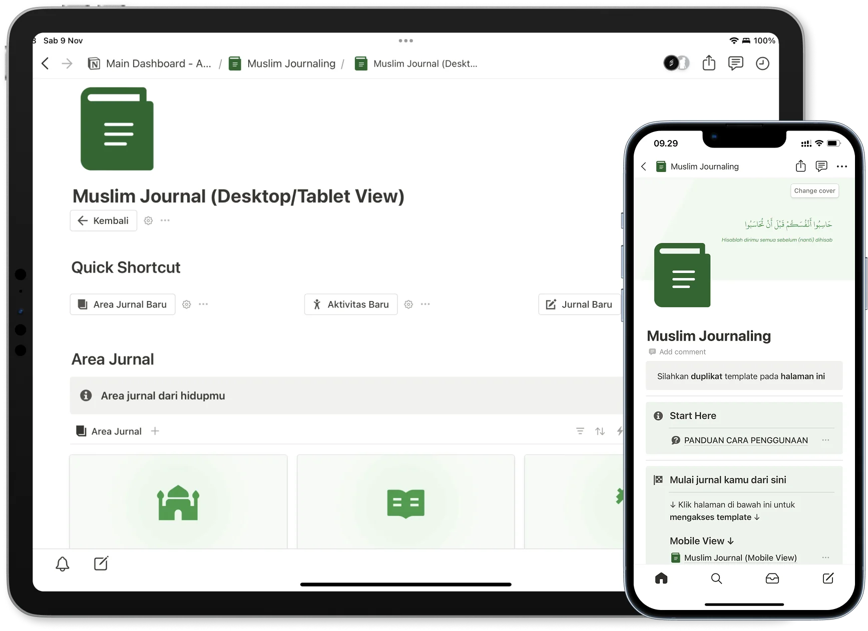 Template Muslim Journaling ditampilkan di iPad dan iPhone